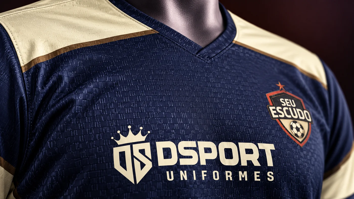 Tecido Premium DSPORT em uniforme azul marinho e creme